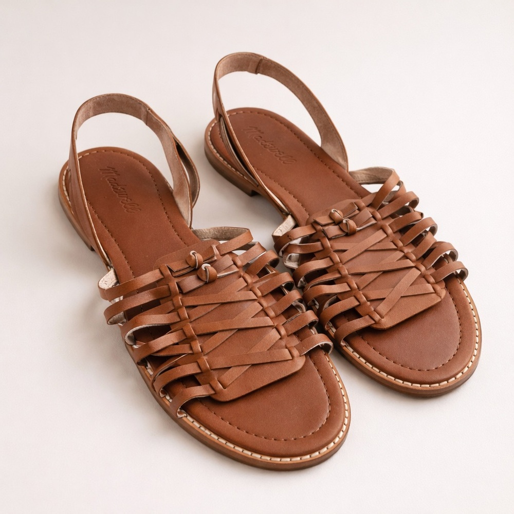 Madewell Brown Leather Woven Slingback Sandals Size 9 Huarache Minimalist - Picture 3 of 10